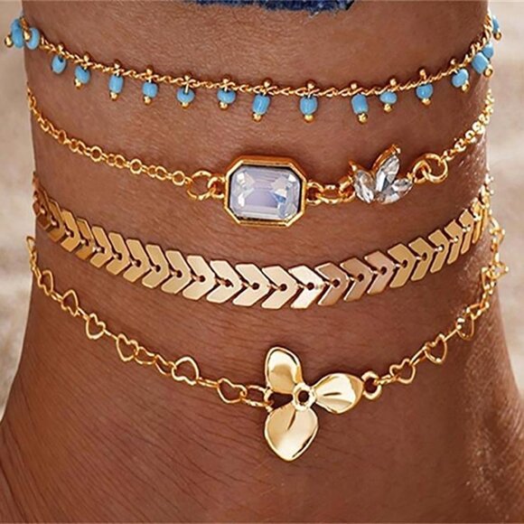 4PCS - ANKLETS Boho Charms and Beaded Layered Gold Dipped Chains Summer Set NEW - Picture 2 of 5